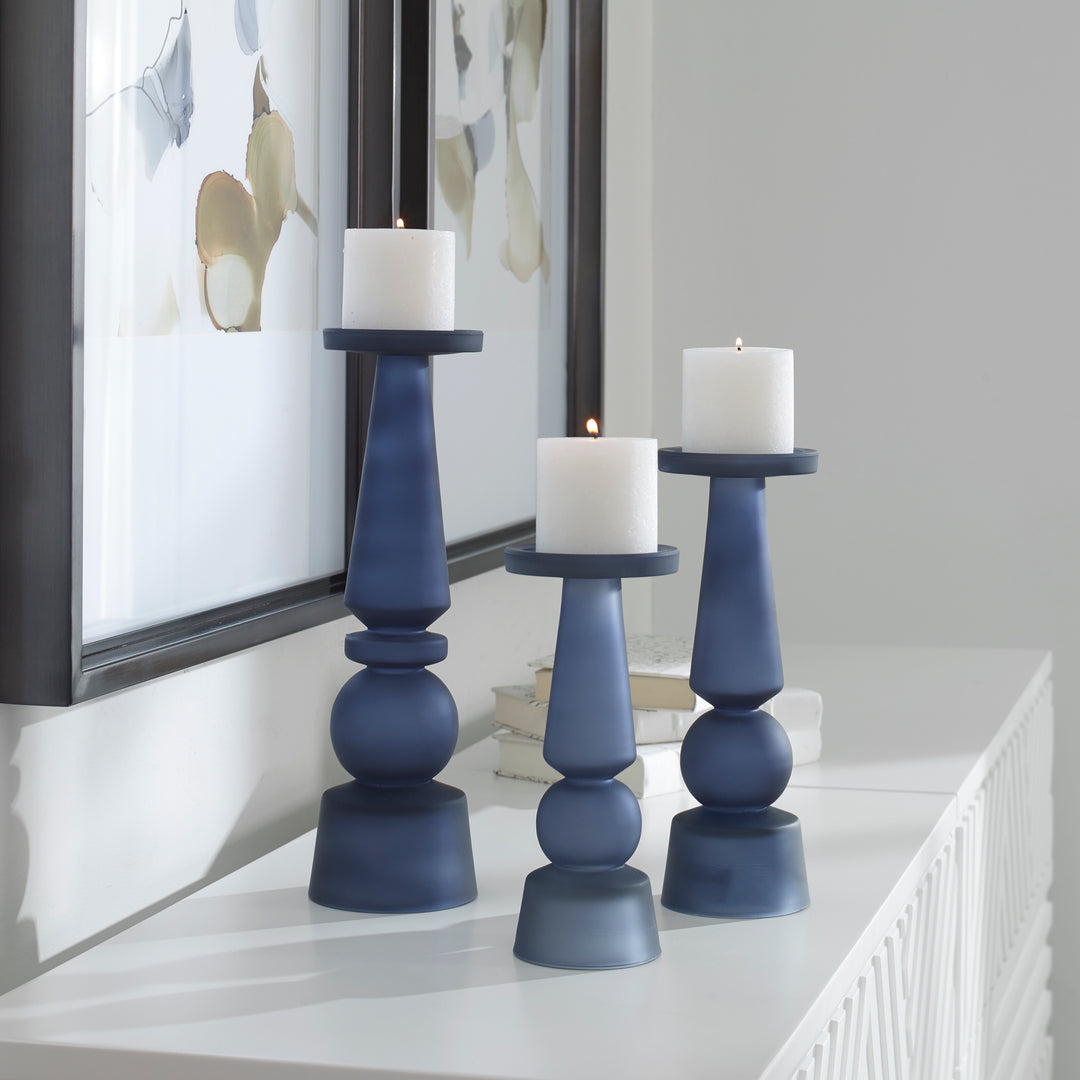 Uttermost Cassiopeia Blue Glass Candleholders, S/3