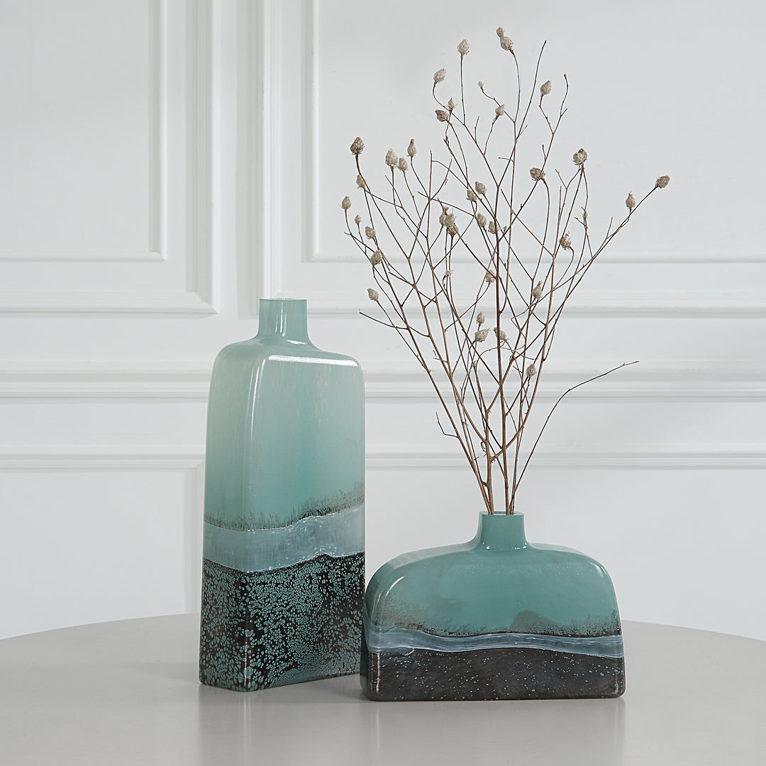 Uttermost Fuze Aqua & Bronze Vases, Set Of 2