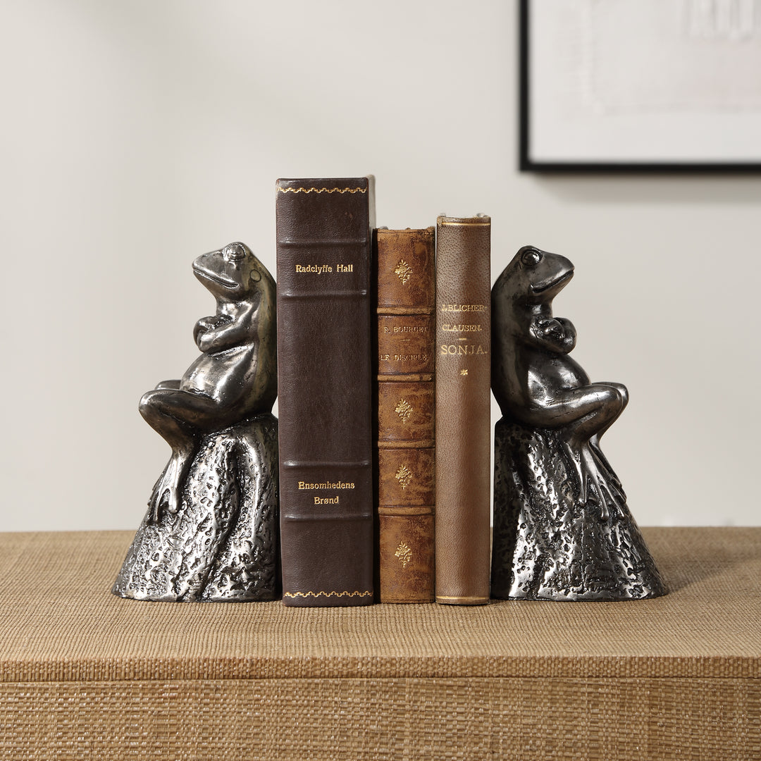 Uttermost Daydreaming Frogs Aged Silver Bookends, S/2