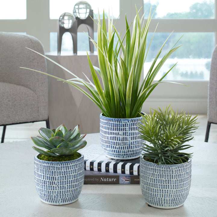 Uttermost Puebla Greenery In Blue & White Pots, S/3